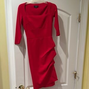 Chiara Boni Red Ruched Sheath Dress Square Neck 3/4 Sleeve